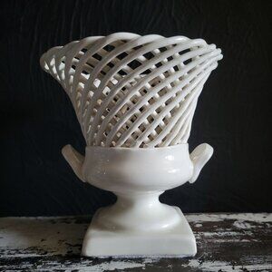 Vintage Italian White Ceramic Openwork Double Handle Urn Vase